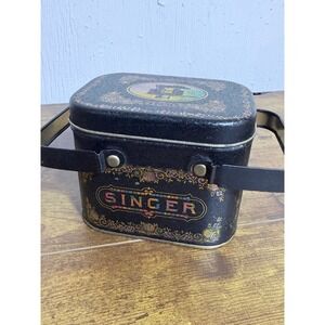Singer Sewing Machine Tin Box Small Black Metal Vintage Floral Cottagecore Decor